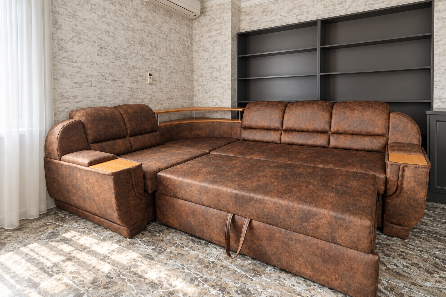 Коричневый угловой диван Soft Line Interior в жилом интерьере